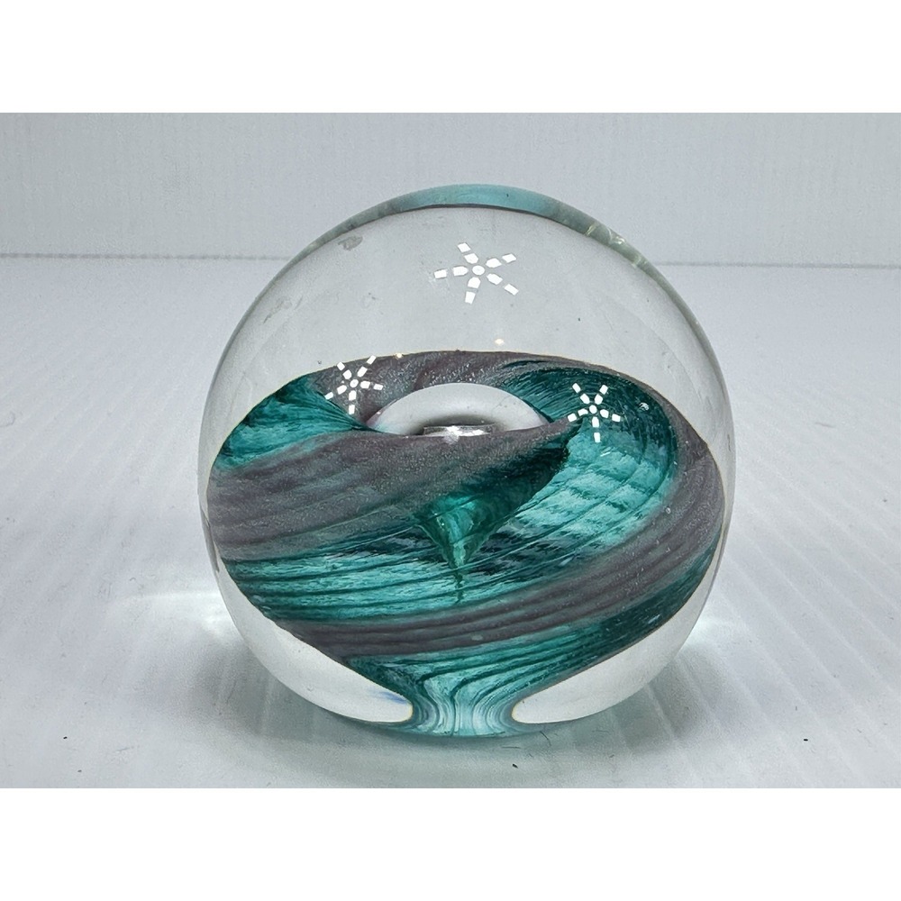 Vintage Hand Blown Glass Paperweight Signed APG Teal Turquoise Pink Clear